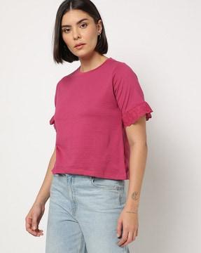 crew-neck t-shirt with flounce sleeves