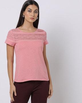 crew-neck t-shirt with lace inserts