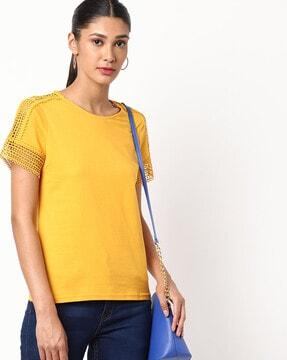 crew-neck t-shirt with lace trims