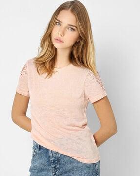 crew-neck t-shirt with lace trims