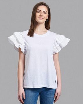 crew-neck t-shirt with ruffled sleeves