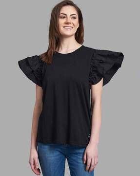 crew-neck t-shirt with ruffled sleeves