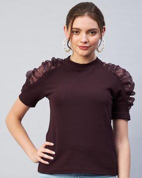 crew neck top with puff sleeve