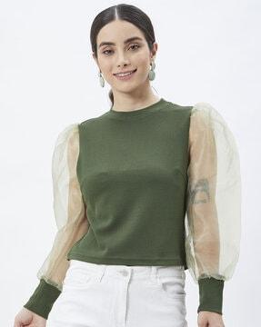 crew neck top with puff sleeves