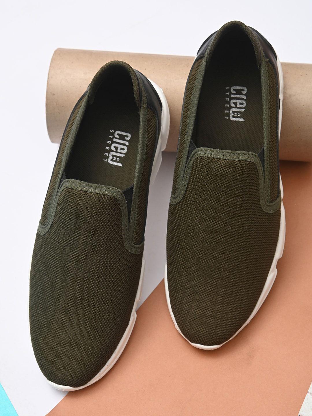 crew street men olive green woven design slip-on sneakers