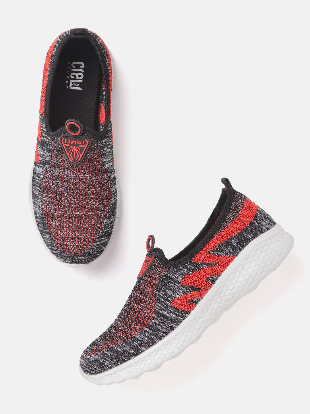 crew street women charcoal grey & red woven design walking shoes