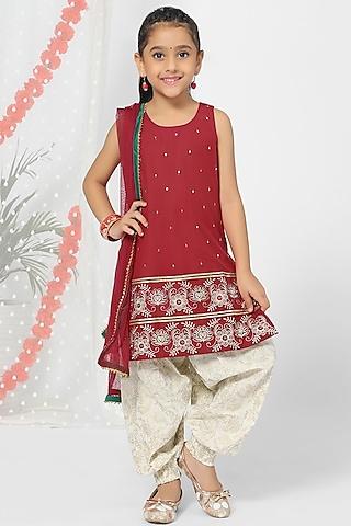 crimson red embroidered kurta set for girls