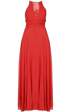 crimson red sheer neck retro flared gown