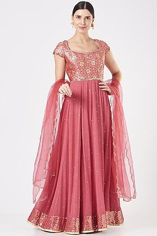 crimson chanderi embroidered anarkali set