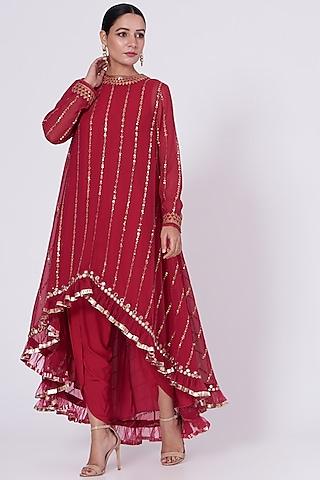 crimson hand embroidered asymmetrical kurta set