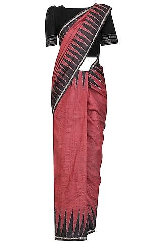 crimson ikat print saree and black blouse set
