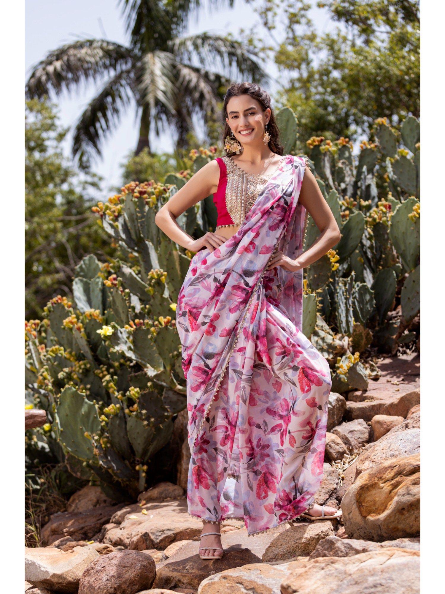 crimson lily pink saree with stitched blouse