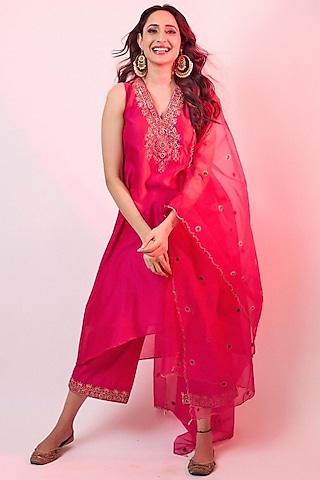 crimson magenta silk chanderi embroidered kurta set