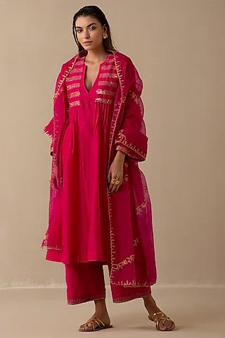 crimson magenta silk chanderi embroidered kurta set