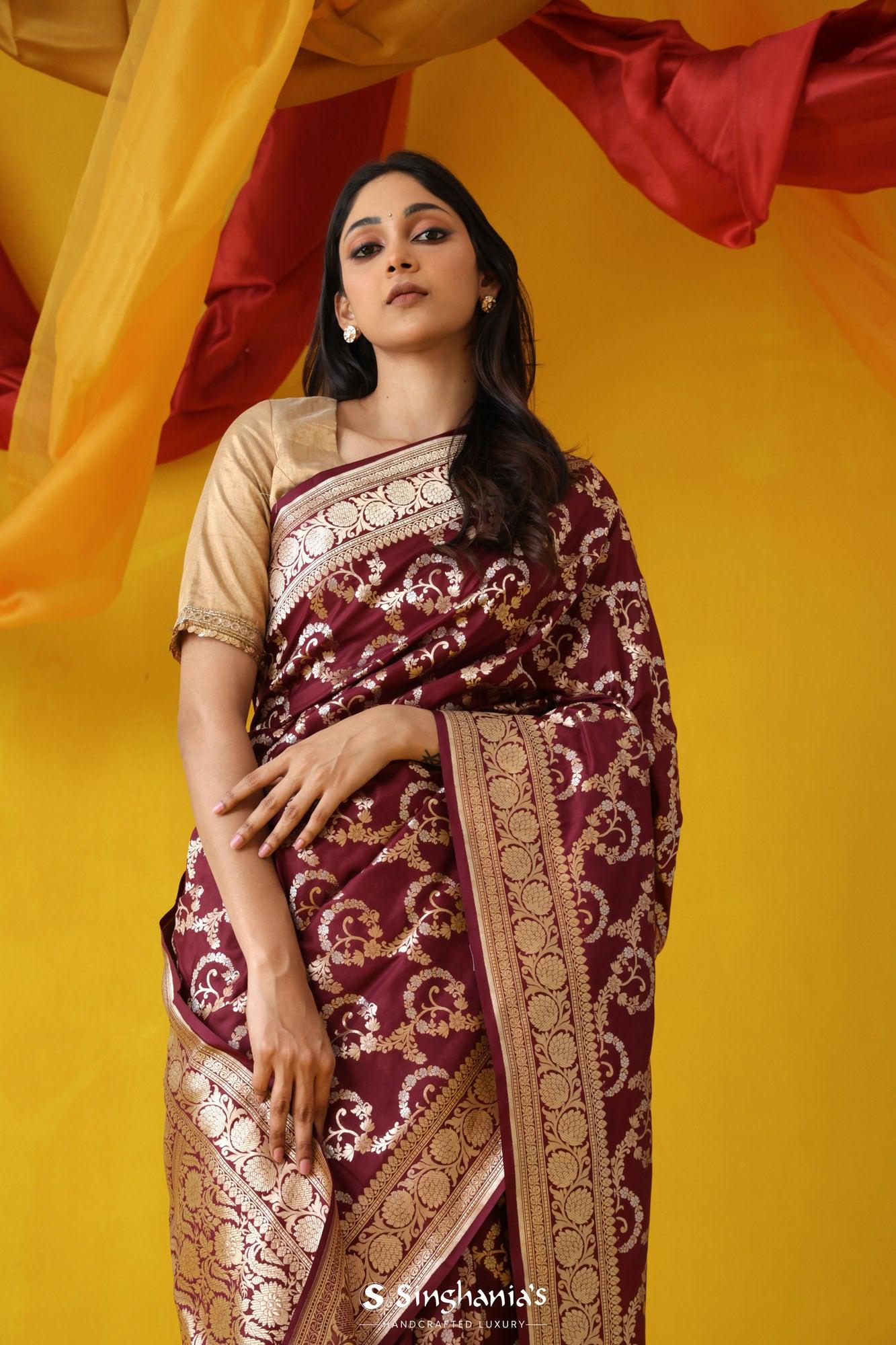 crimson maroon banarasi silk saree with floral jaal pattern