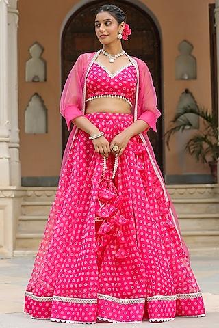 crimson pink organza bandhani printed jacket lehenga set