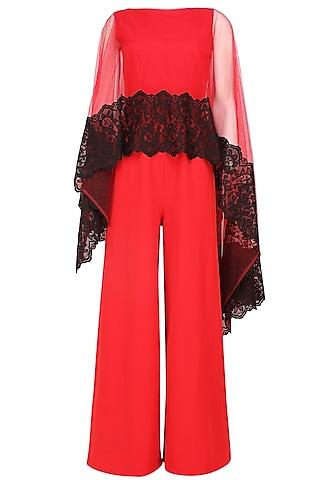 crimson red and black lace applique work cape jumpsuit