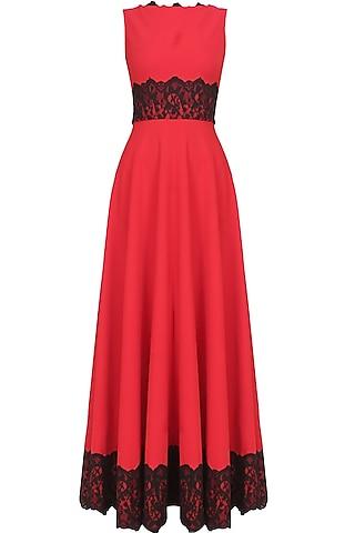 crimson red and black lace applique work fay gown