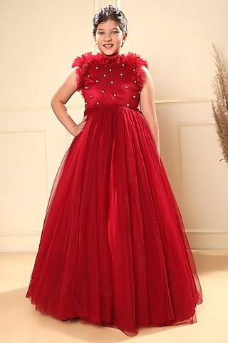 crimson red butterfly net pearl embellished gown for girls