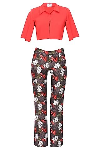 crimson red cape overlayered top and grey leaves printed trouser pants set