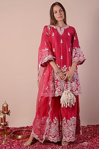 crimson red chanderi patchwork kurta set