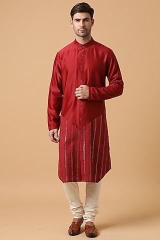 crimson red chanderi silk & cotton lurex kurta set