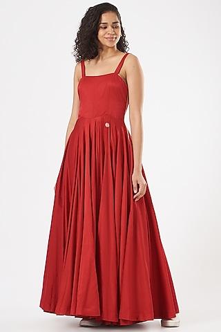 crimson red cotton silk satin maxi dress