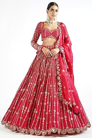 crimson red georgette zari embellished lehenga set