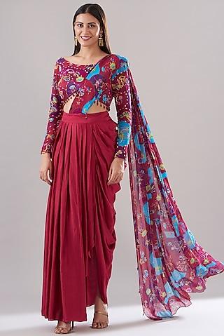 crimson red modal & georgette printed dhoti skirt saree set