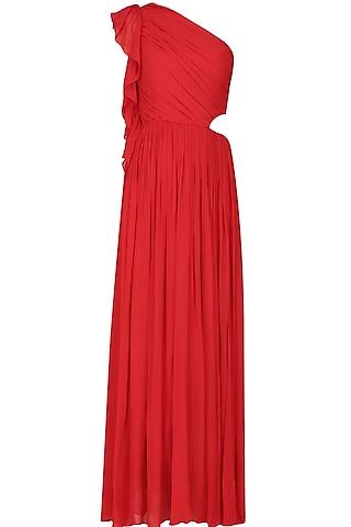 crimson red one shoulder ruffled cutout maxi dress