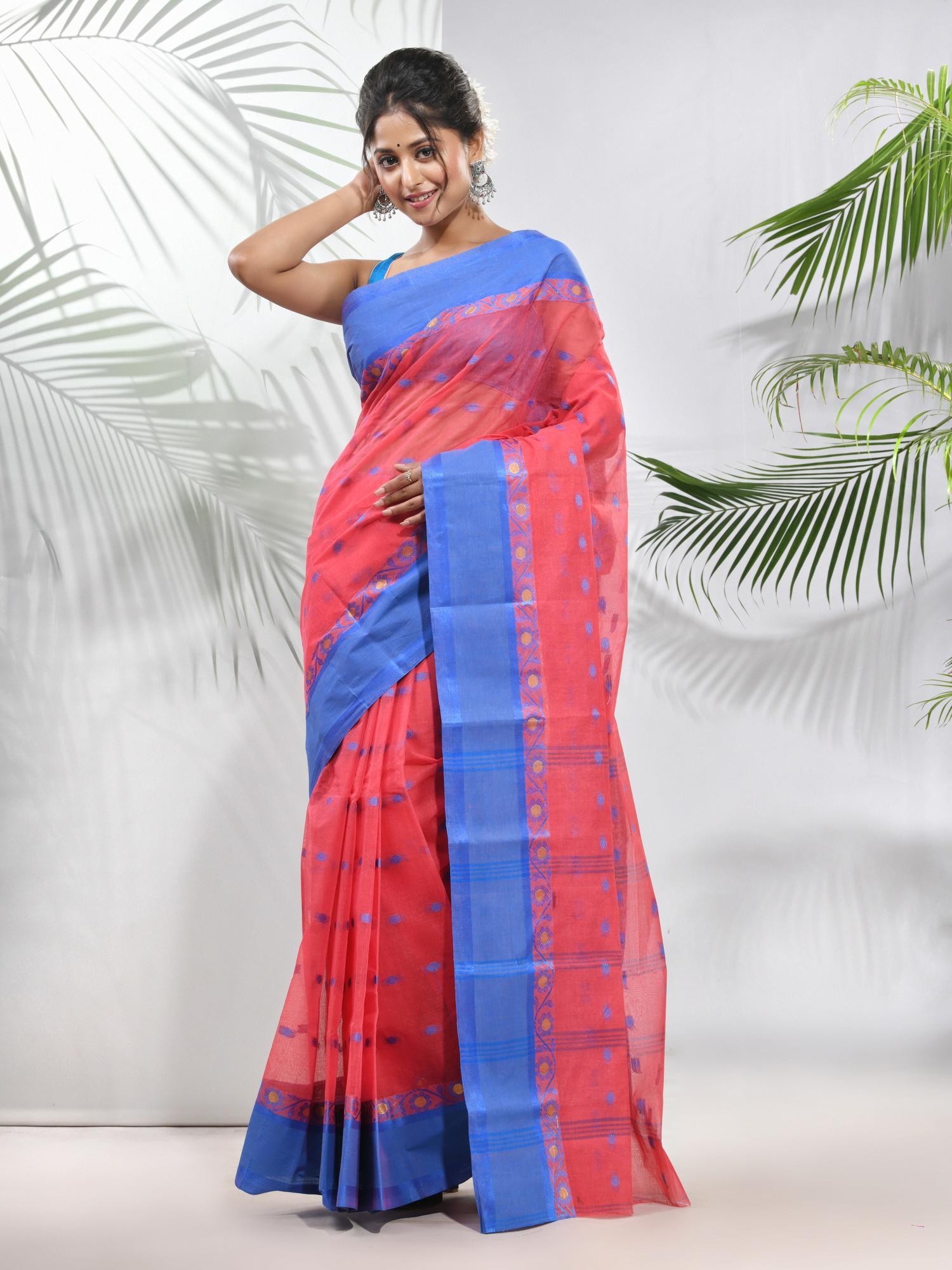 crimson red pure cotton tant woven designs saree without blouse