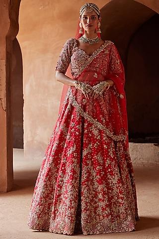 crimson red raw silk sequins embroidered lehenga set