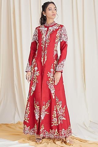 crimson red resham embroidered gown