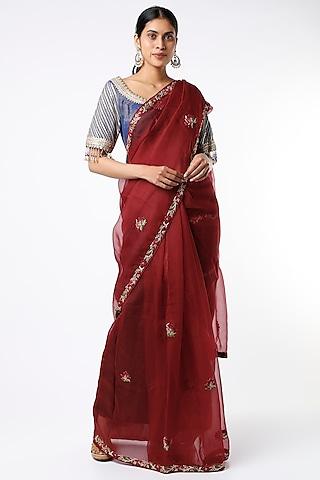 crimson red saree set with thread work