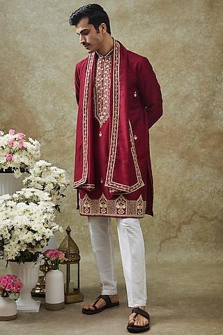 crimson red splendid silk cutdana & thread hand work kurta set