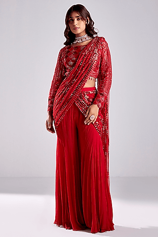 crimson red tulle & georgette embroidered draped pant saree set