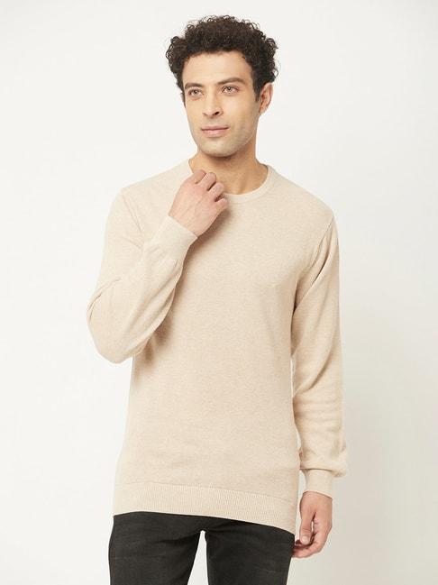 crimsoune club beige regular fit self design cotton sweater