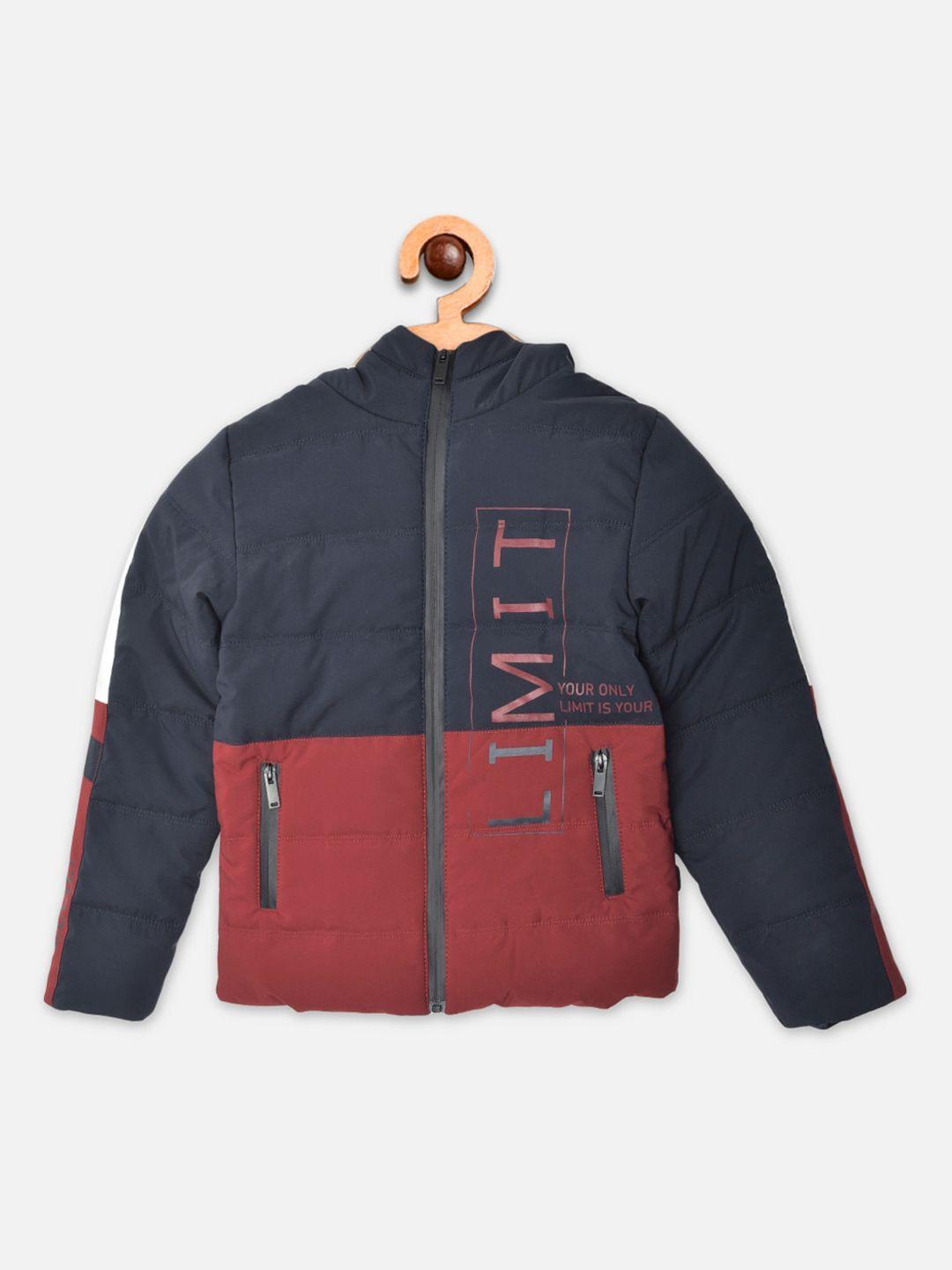 crimsoune club boys blue & red colourblocked padded jacket with patchwork