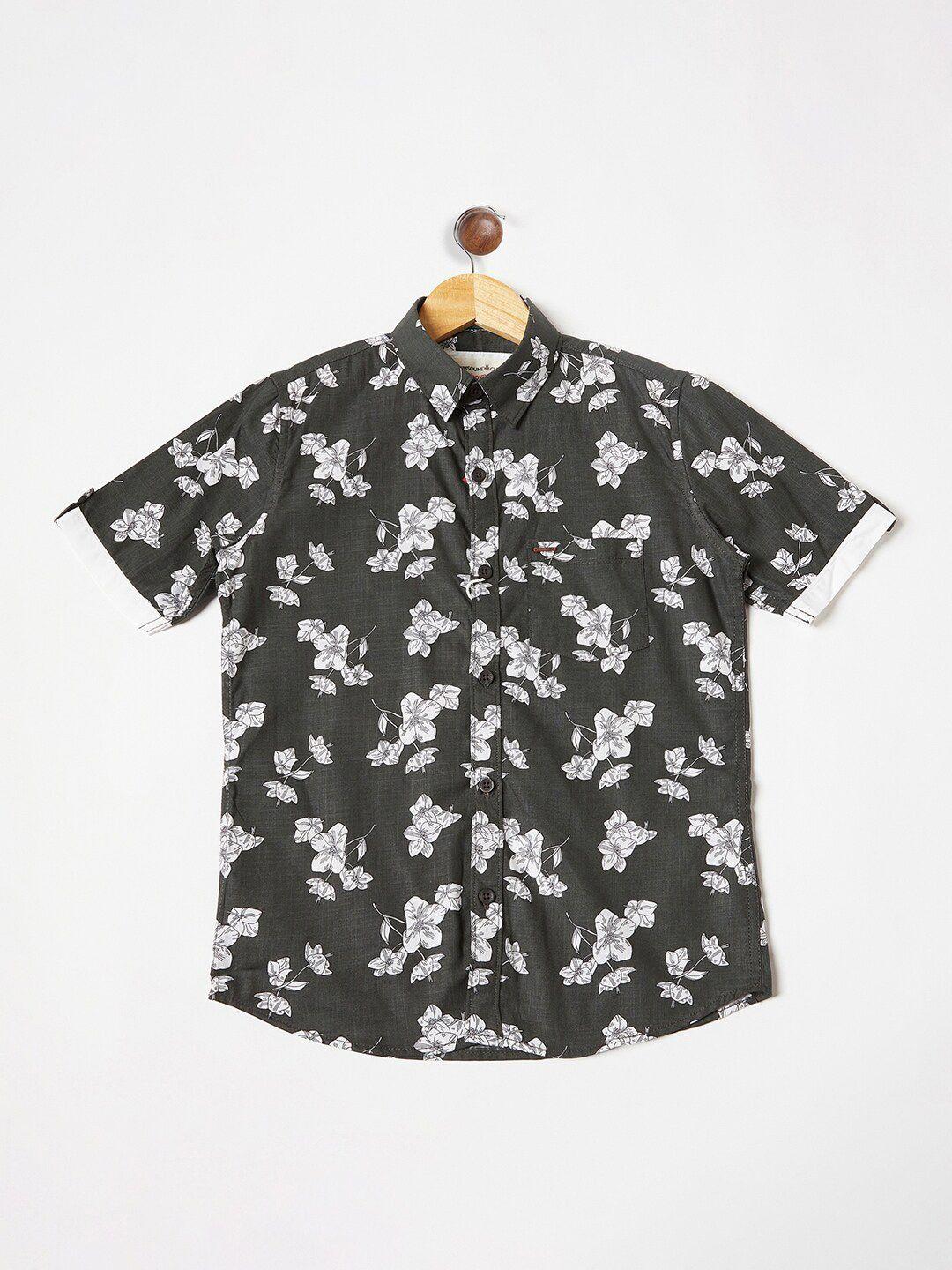 crimsoune club boys olive green floral printed casual shirt