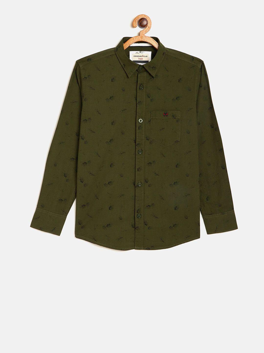 crimsoune club boys olive green slim fit printed casual shirt