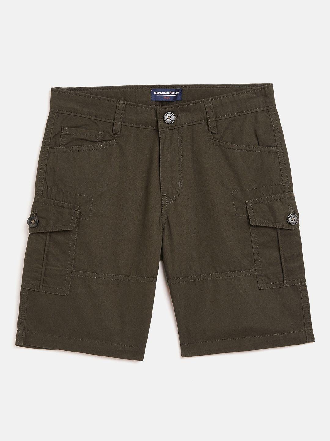 crimsoune club boys olive green solid slim fit cargo shorts