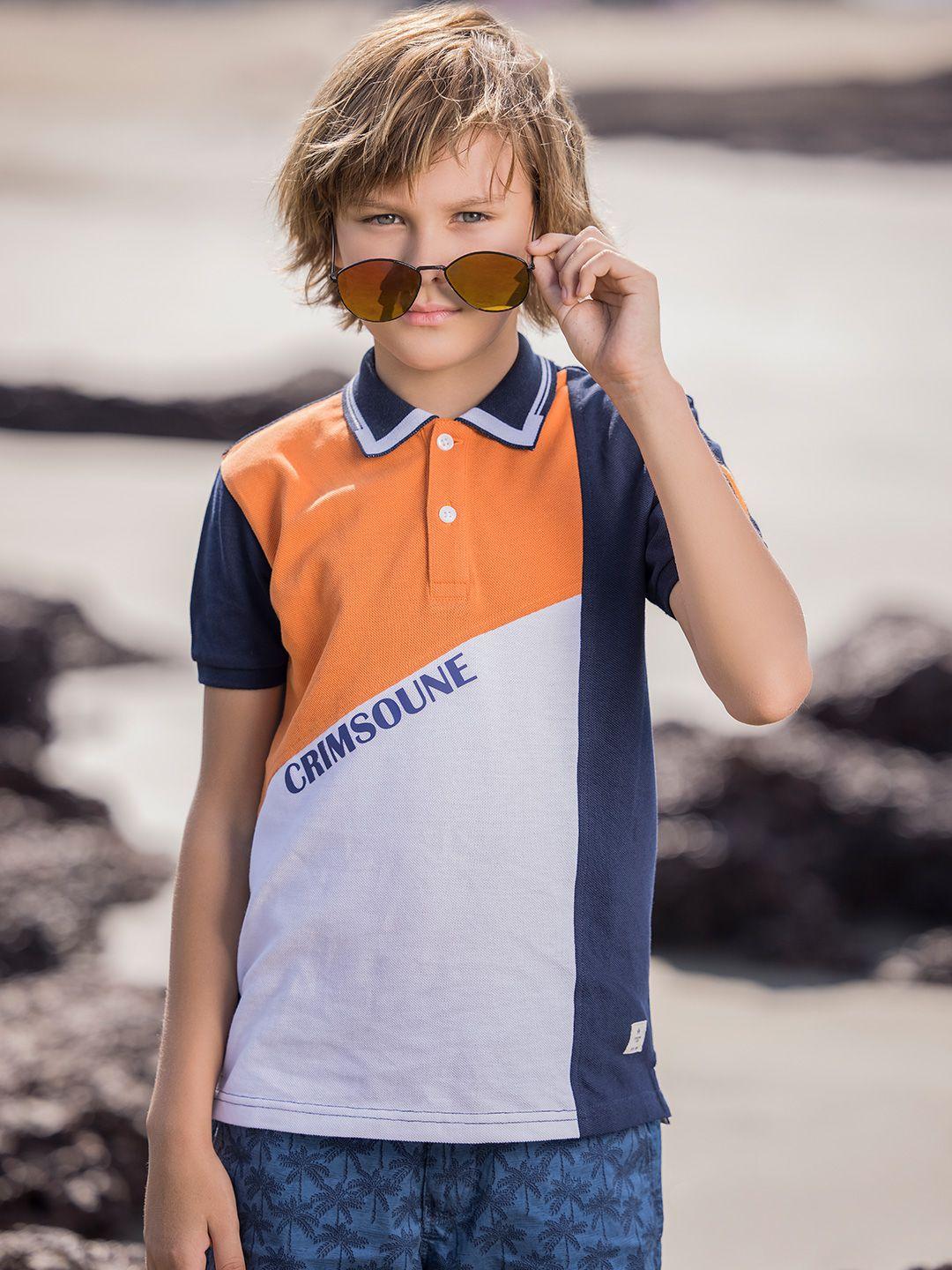 crimsoune club boys orange & white colourblocked polo collar t-shirt