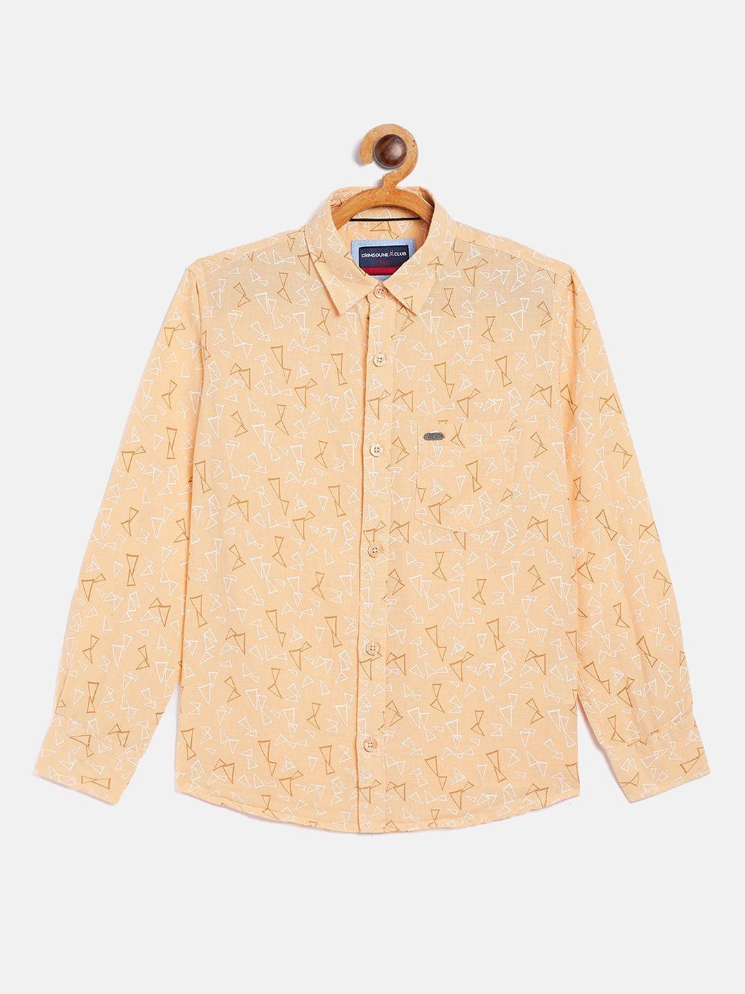 crimsoune club boys orange floral opaque printed cotton linen casual shirt