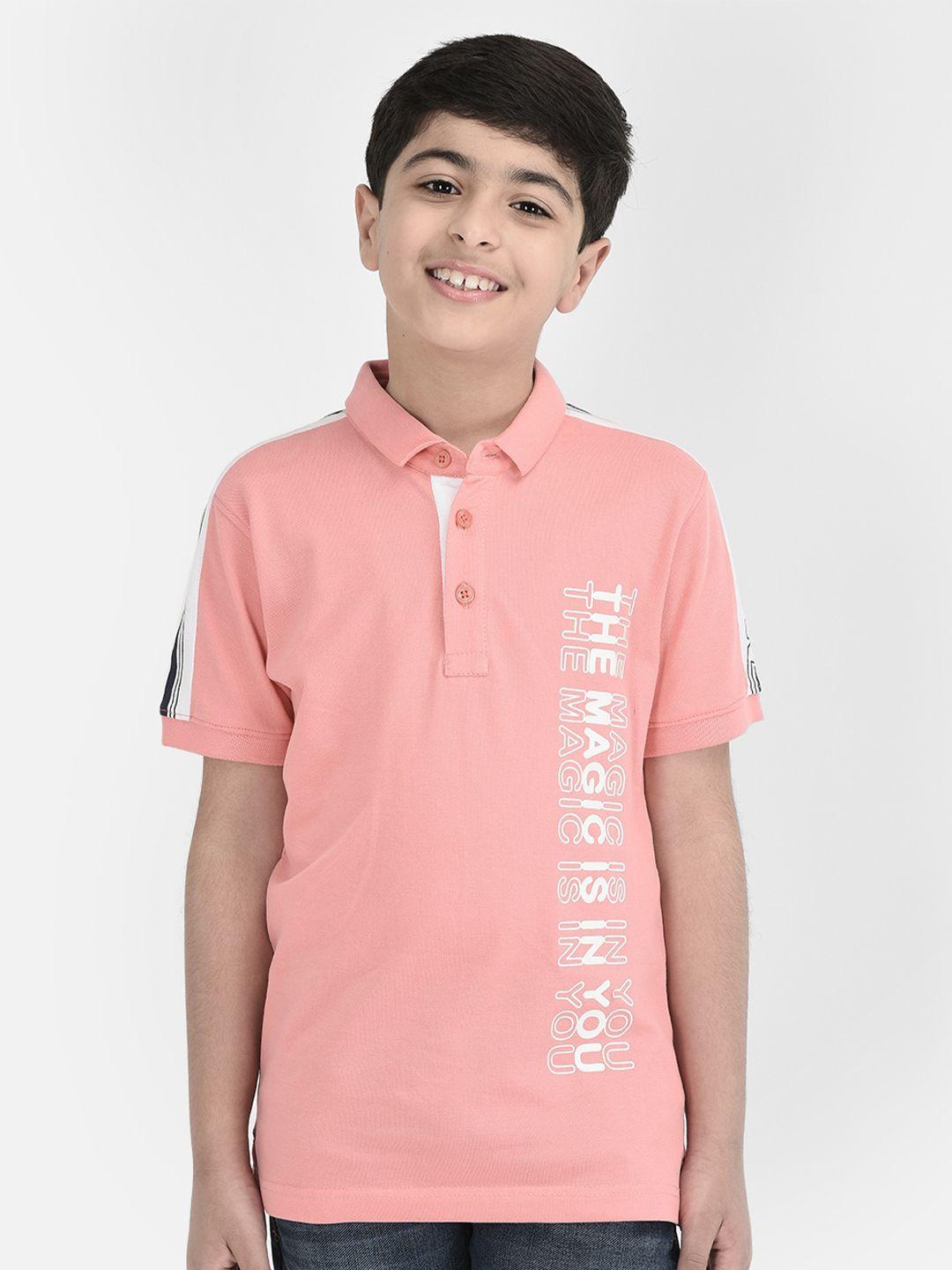 crimsoune club boys peach-coloured typography mandarin collar applique t-shirt