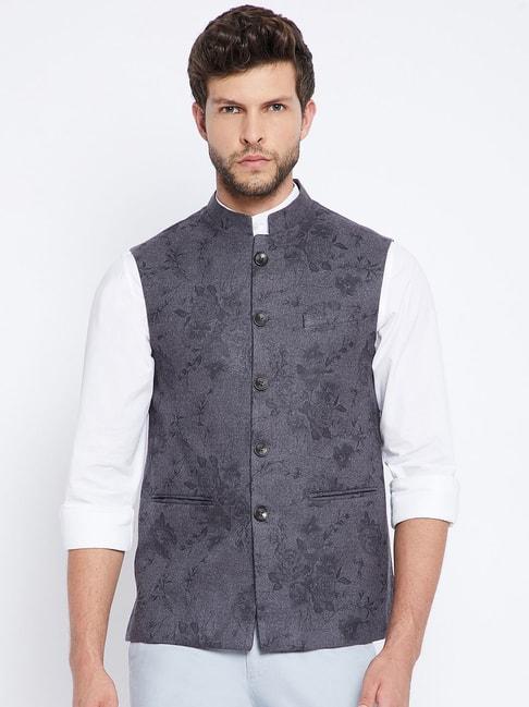 crimsoune club grey slim fit printed nehru jacket
