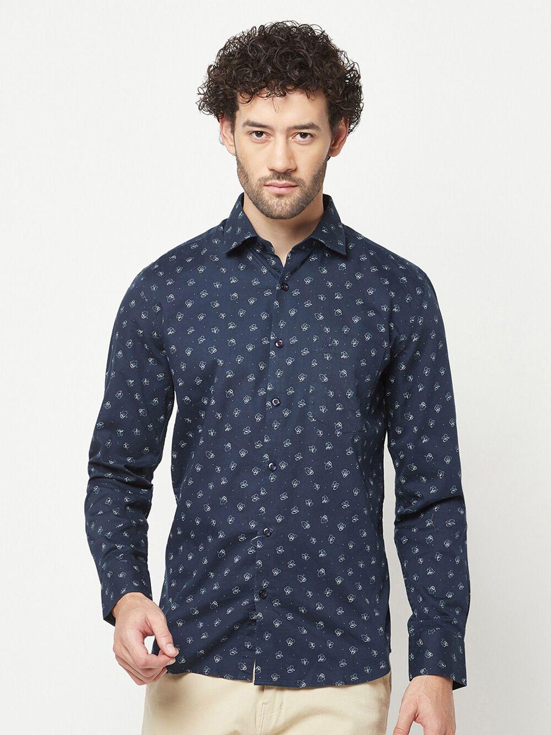 crimsoune club men navy blue slim fit floral opaque printed casual shirt