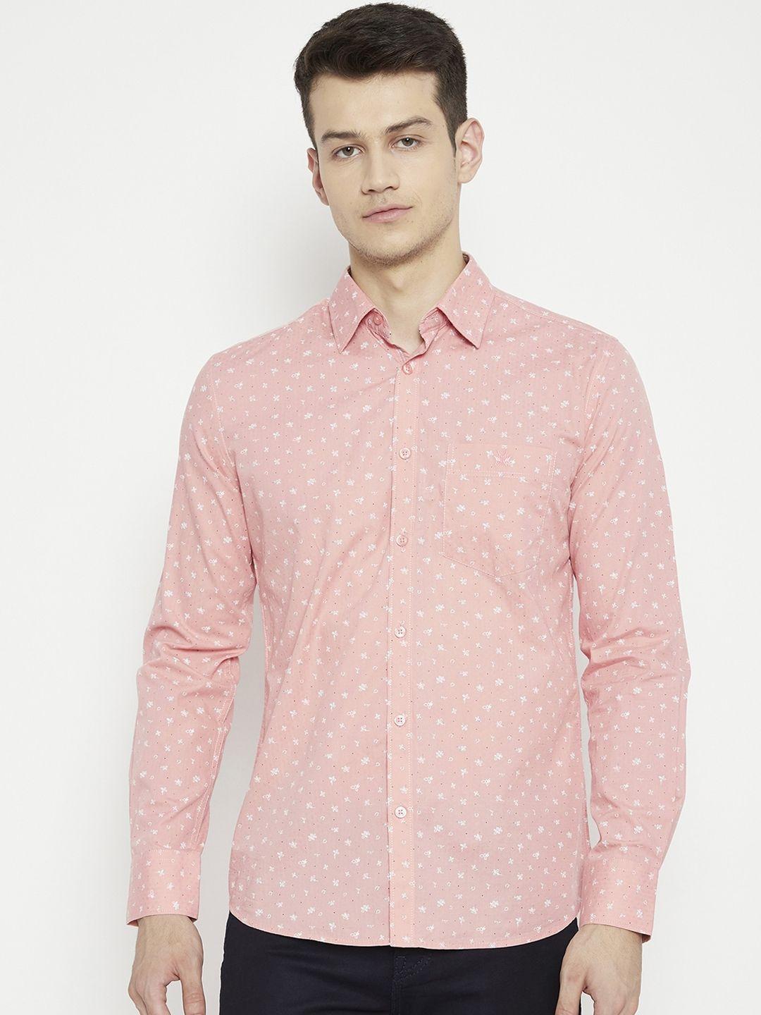 crimsoune club men pink & white slim fit opaque printed pure cotton casual shirt