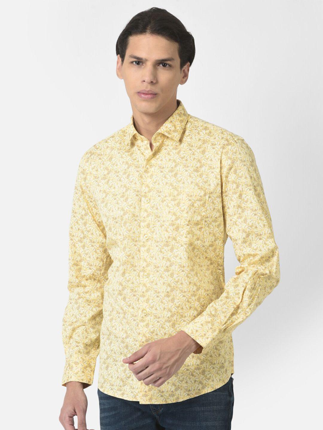 crimsoune club men yellow slim fit floral printed casual cotton shirt