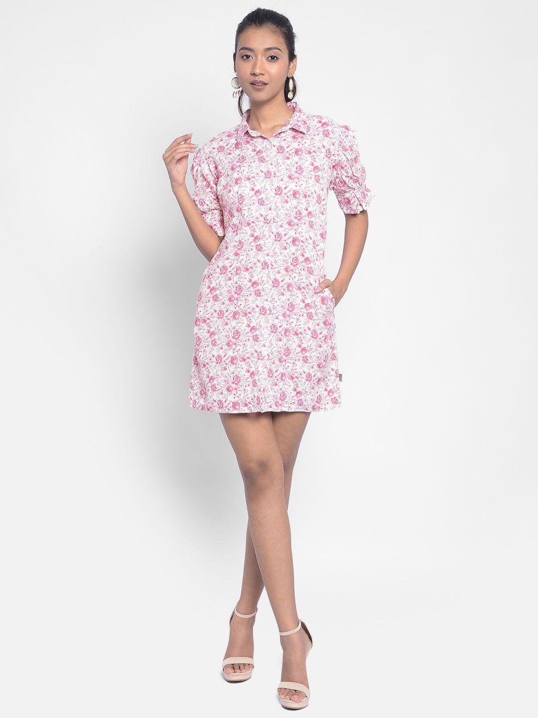 crimsoune club pink floral printed shirt collar a-line mini dress