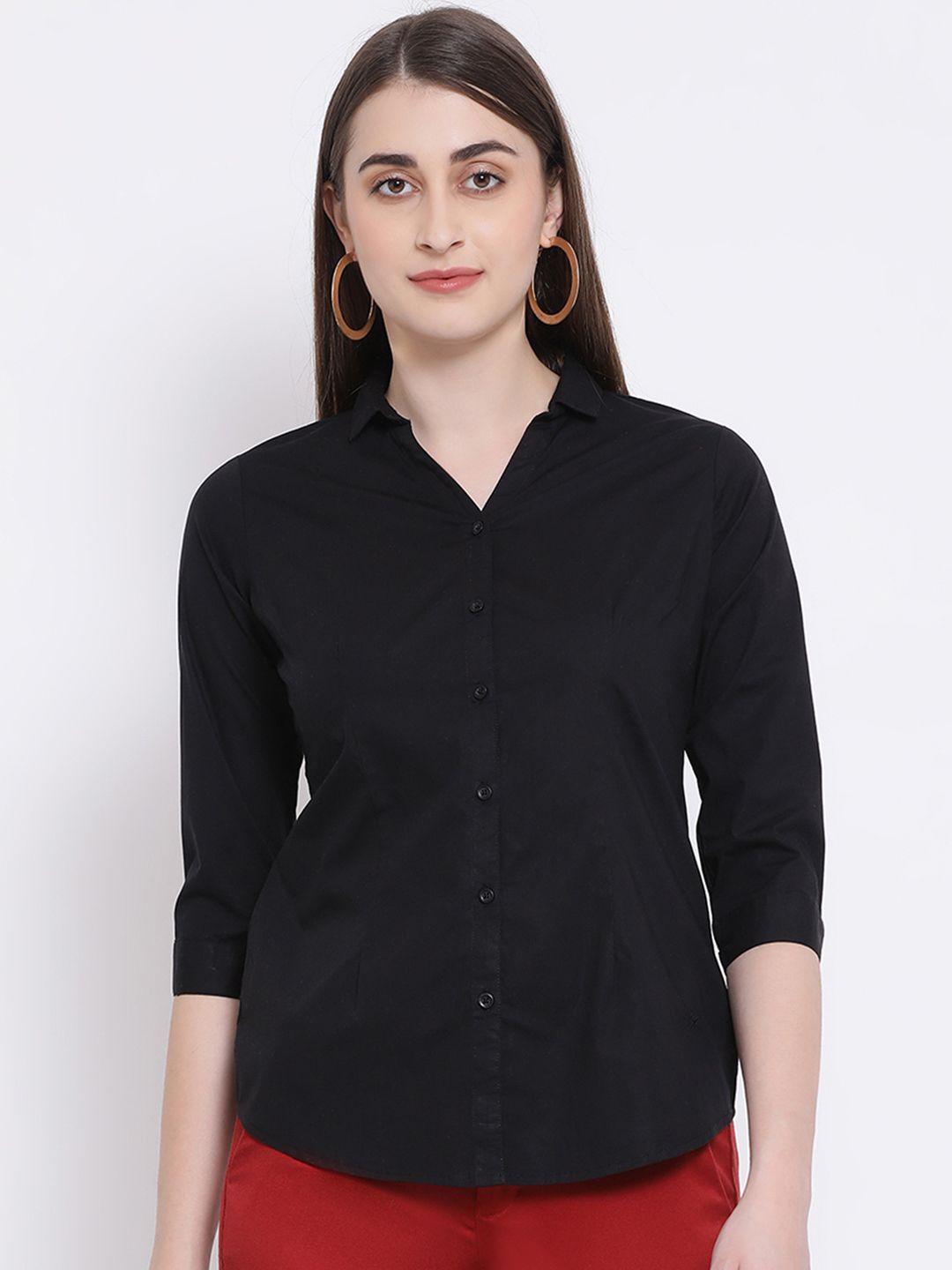 crimsoune club women black slim fit solid casual shirt